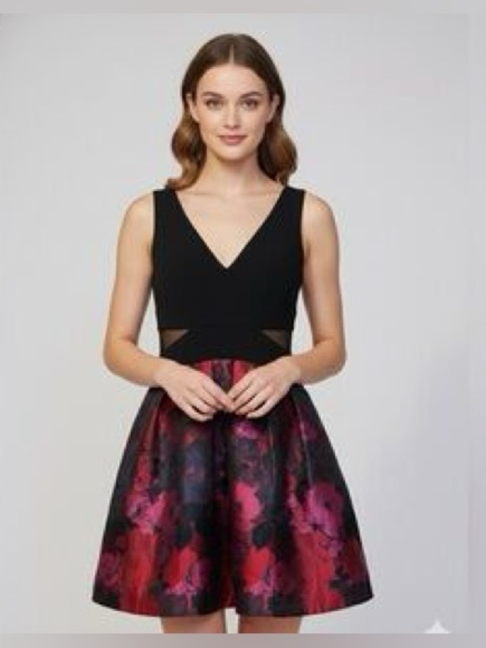 Black V-Neck Fit-&-Flare Mini Dress with Red-Pink Floral Metallic Skirt